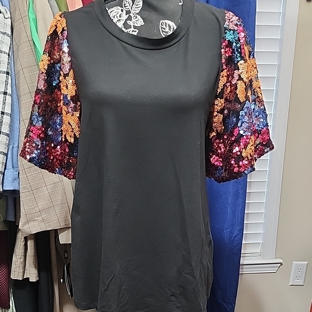 Solid Knit Multi Color Sequin Bubble Sleeve Top - image 2